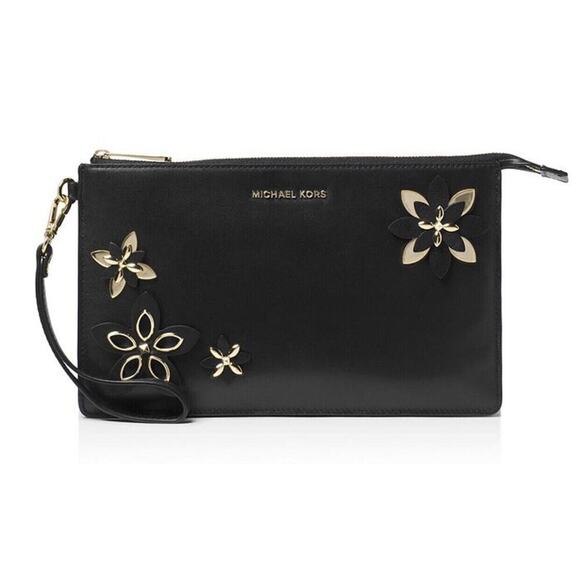 Michael Kors Handbags - Michael Kors Large Leather Wristlet Daniela Floral Black & Gold Limited Edition